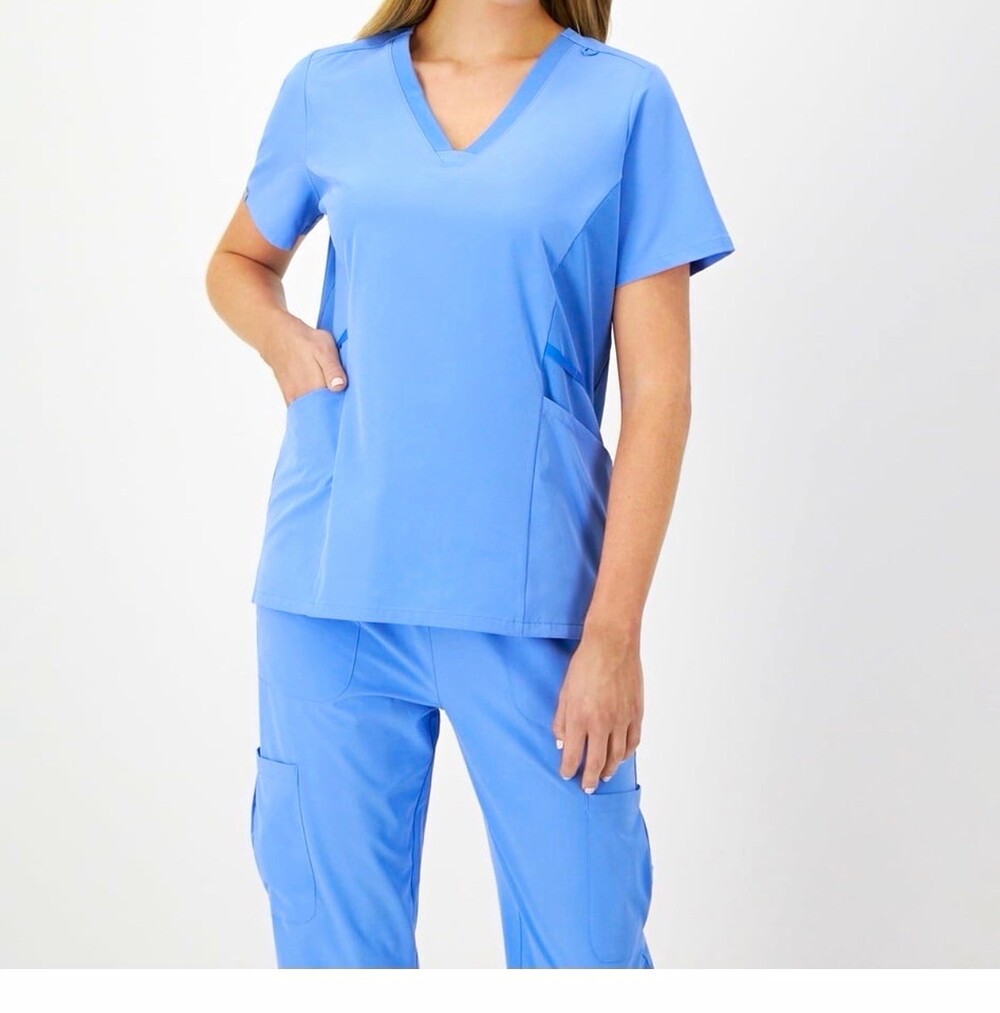 Hanes Women's Blue Solid Scrub Set V-Neck Top Jogger Pants 3XL Poly Blend